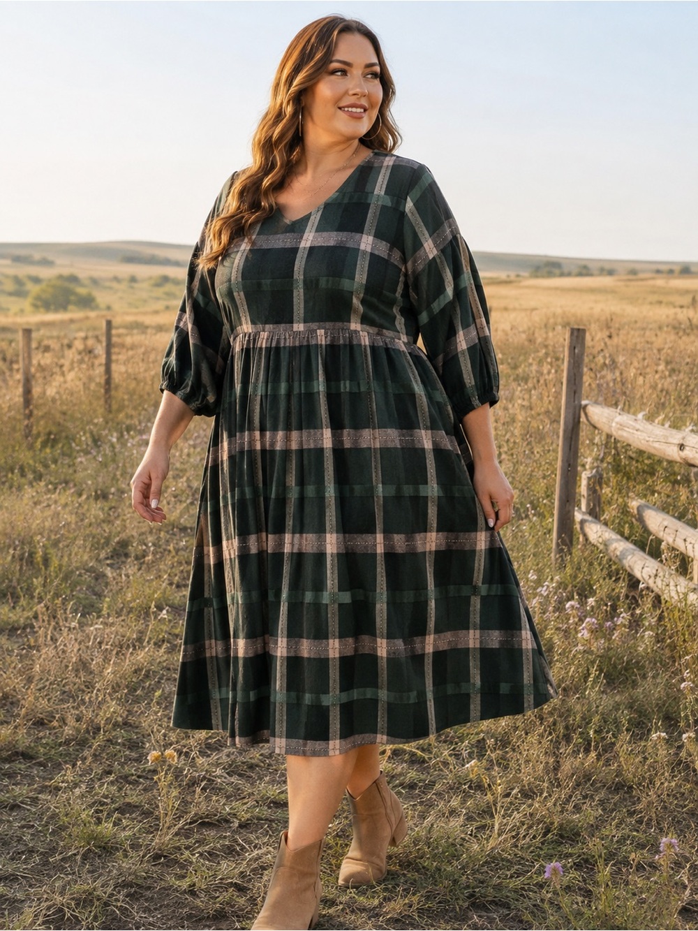 Polagram 3XL Green Windowpane Plaid Cotton Dress | Cottagecore | Pockets - Picture 2 of 13